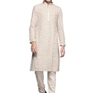 Manyavar Kurta Set for Men, Full Sleeves Mandarin Collar Ethnic Kurta Set for Engagement, Wedding, Party Printed (Beige)