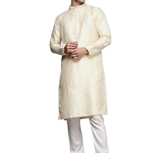 Manyavar Kurta Set for Men, Full Sleeves Mandarin Collar Ethnic Kurta Set for Engagement, Wedding, Party Solid (Beige)