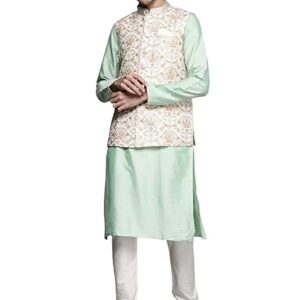 Manyavar Kurta Jacket Set for Men, Full Sleeves Mandarin Collar Ethnic Wear Jacket Set for Festival, Wedding, Party Blended Viscose